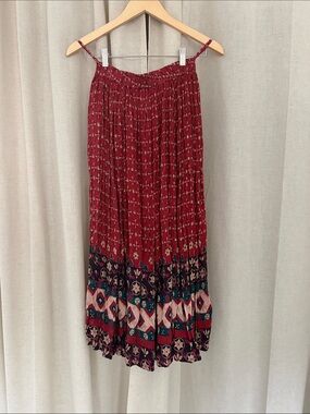 Vintage Boho Peggy Sue Bohemian Red Floral Midi Skirt with Pockets Small